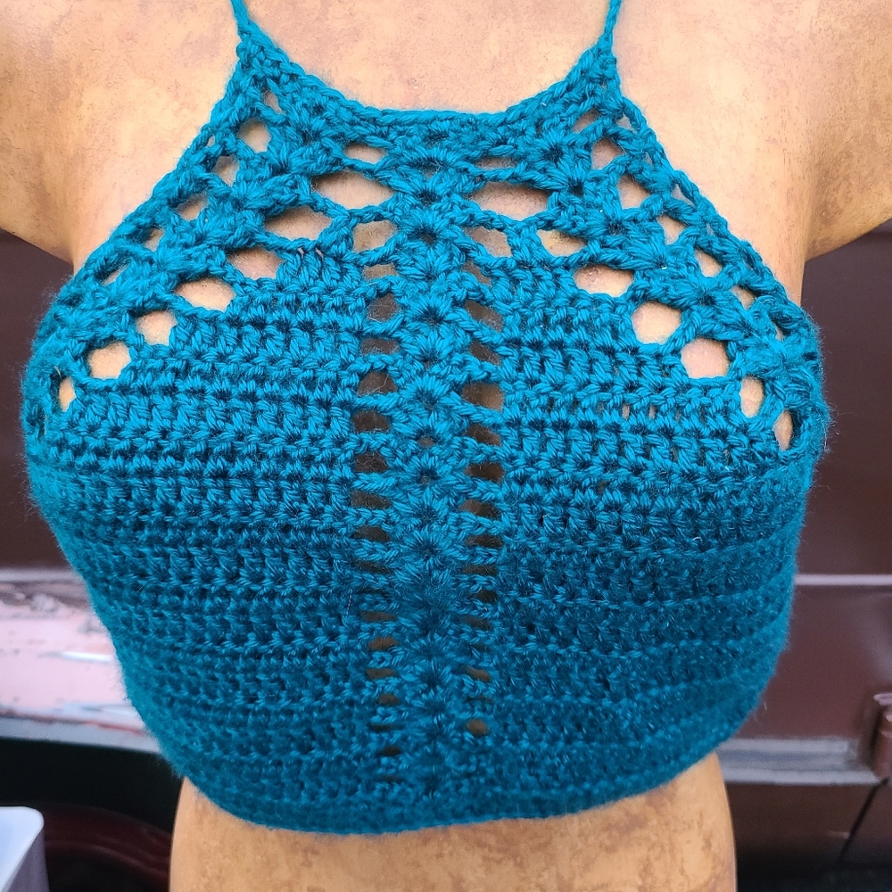 Teal 90s y2k punk goth crochet corset back handmade crochet crop top size m-l